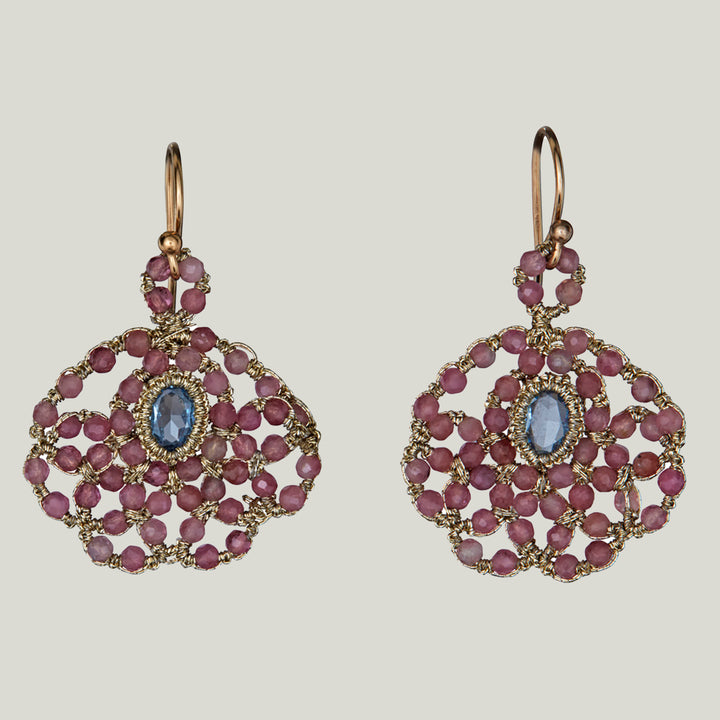 Woven Gold Cord with Pink Tourmaline Quartz and Caged Aquamarine Quartz Earrings
