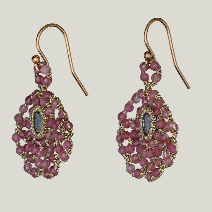Woven Gold Cord with Pink Tourmaline Quartz and Caged Aquamarine Quartz Earrings