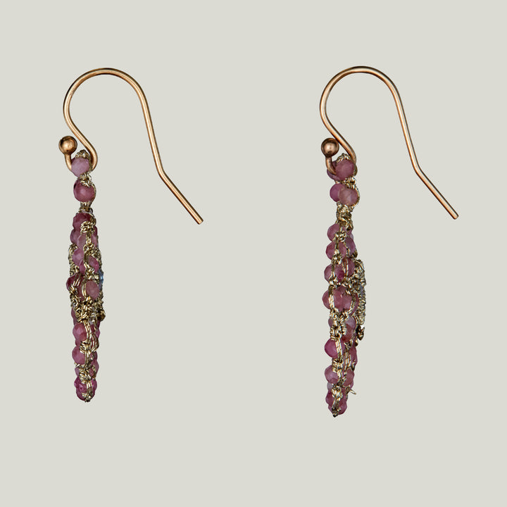 Woven Gold Cord with Pink Tourmaline Quartz and Caged Aquamarine Quartz Earrings