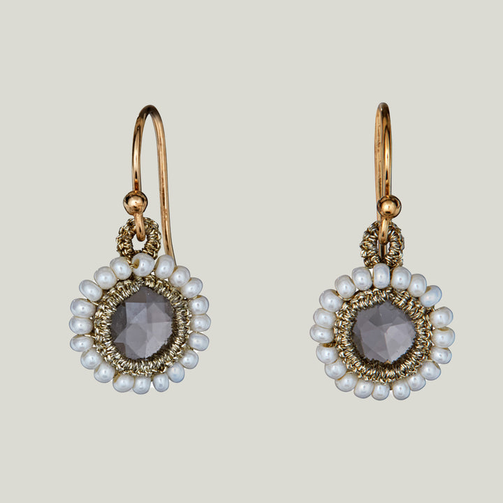 Caged Rose Quartz with Gold Cord and White Pearl Orbit Earrings