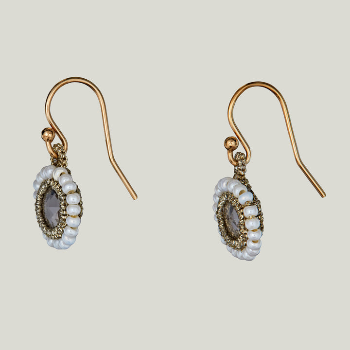 Caged Rose Quartz with Gold Cord and White Pearl Orbit Earrings