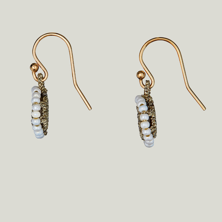Caged Rose Quartz with Gold Cord and White Pearl Orbit Earrings