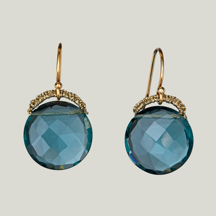 Woven Gold Cord Bale with Aquamarine Quartz Coin Drop Earrings