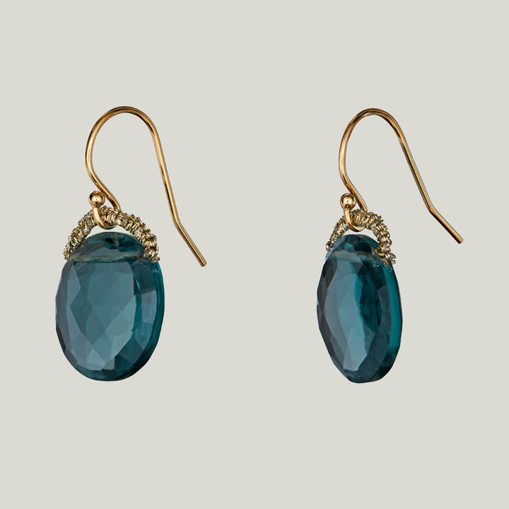 Woven Gold Cord Bale with Aquamarine Quartz Coin Drop Earrings