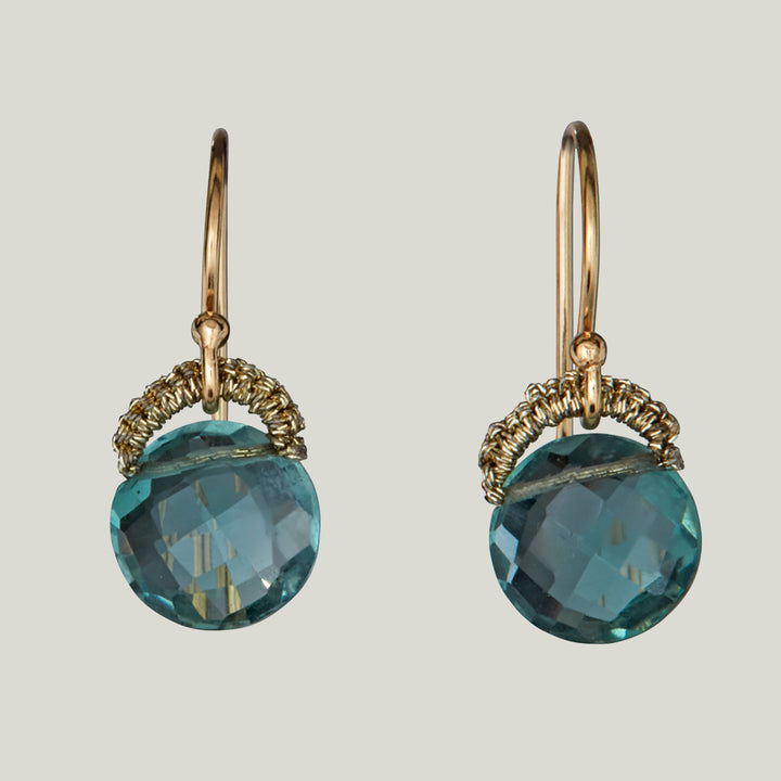 Woven Gold Cord with Indicolite Coin Drop Small Earrings