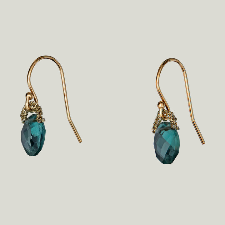 Woven Gold Cord with Indicolite Coin Drop Small Earrings