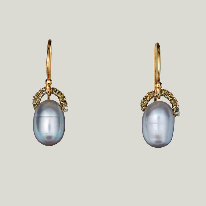 Woven Gold Cord Bale with Silver Pearl Drop Medium Earrings