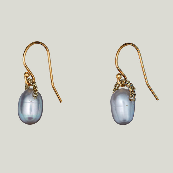 Woven Gold Cord Bale with Silver Pearl Drop Medium Earrings