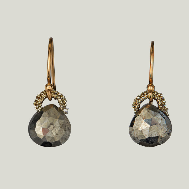 Woven Gold Cord with Pyrite Drop Small Earrings