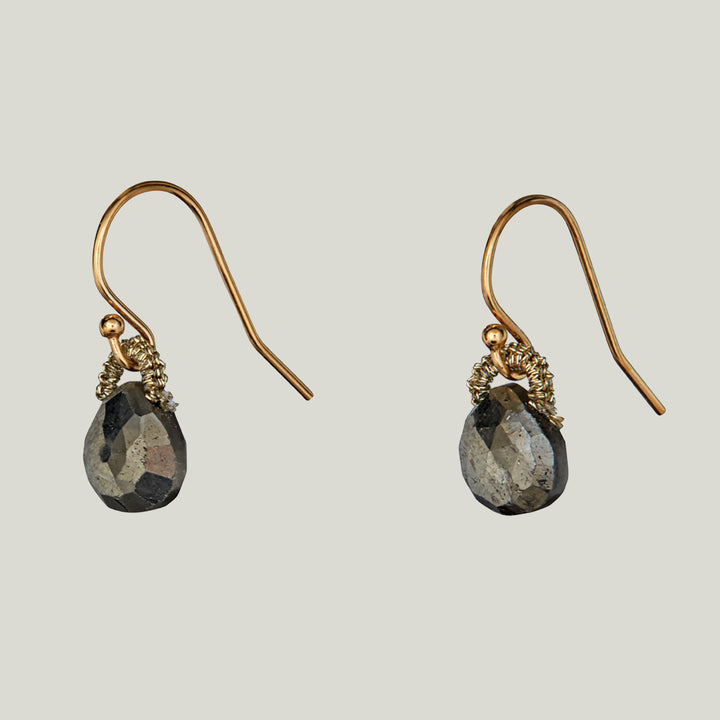 Woven Gold Cord with Pyrite Drop Small Earrings