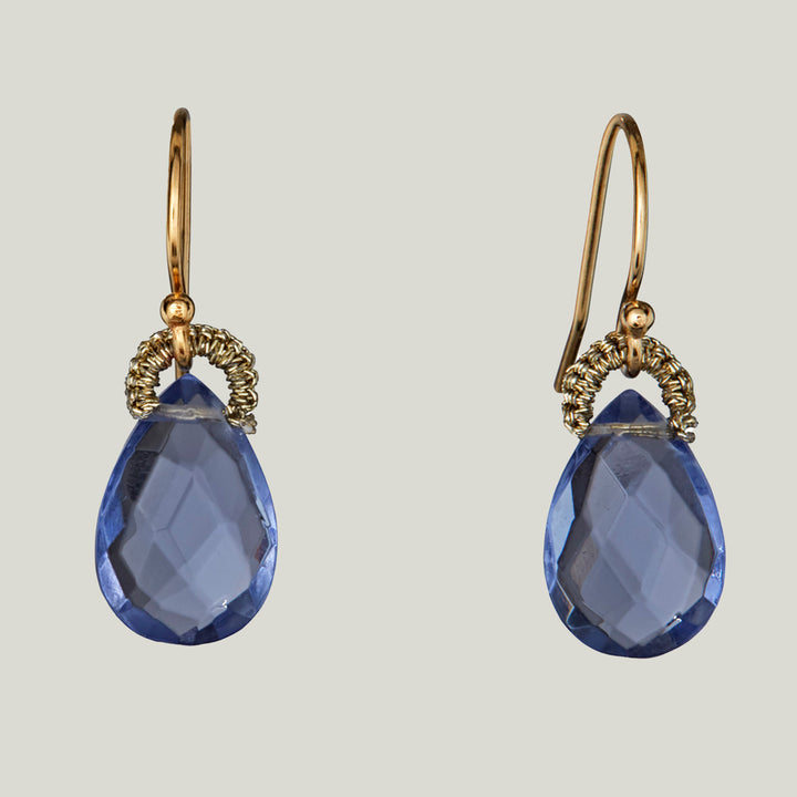 Woven Gold Cord Bale with Iolite Quartz Drop Medium Earrings