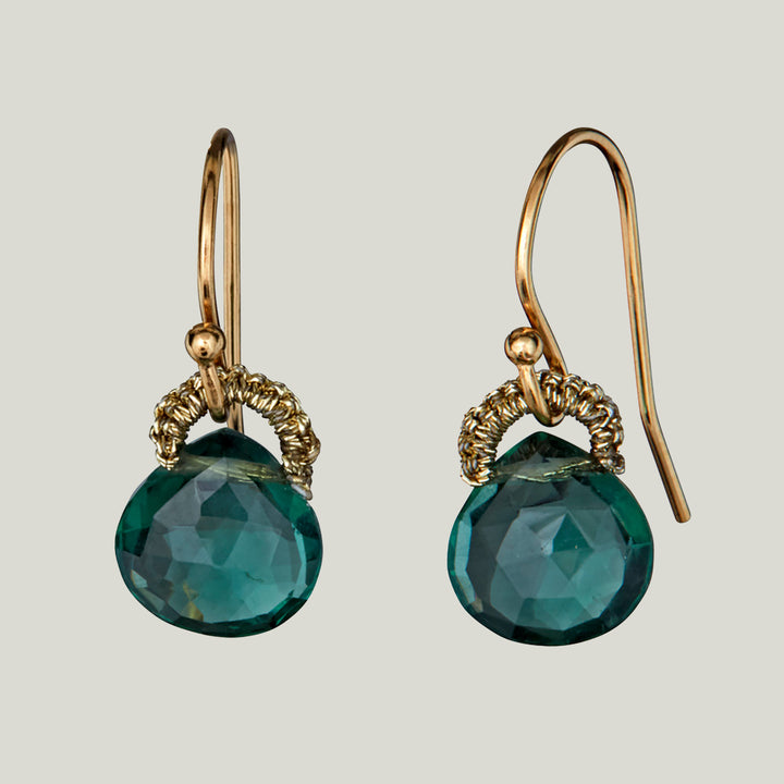 Woven Gold Cord with Baby Indicolite Quartz Drop Small Earrings