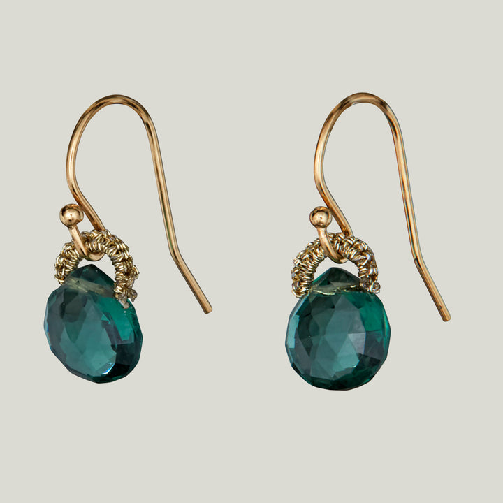 Woven Gold Cord with Baby Indicolite Quartz Drop Small Earrings
