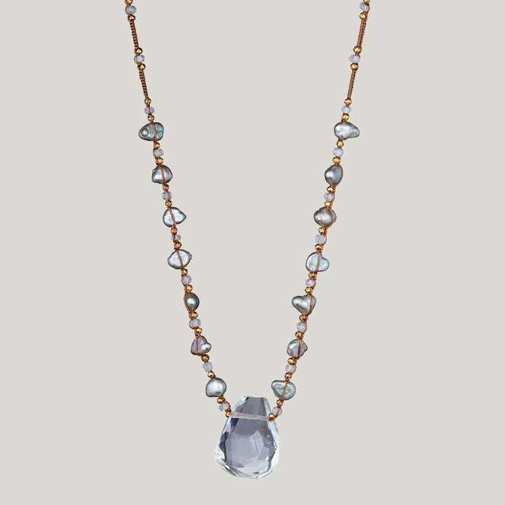 Woven Taupe Silk Cord Nugget Drop Necklace