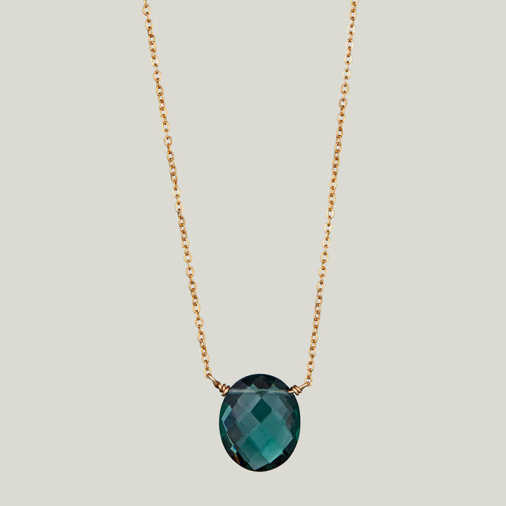 Indicolite Quartz Oval Drop on Gold Chain Necklace