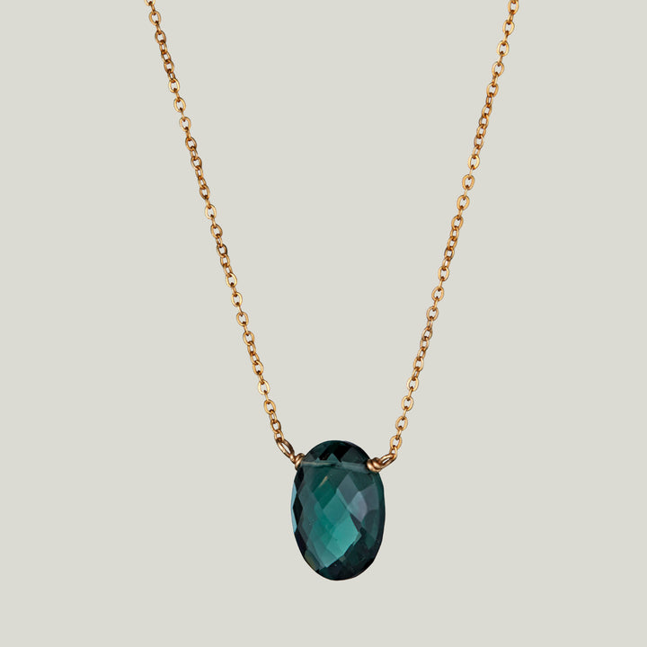 Indicolite Quartz Oval Drop on Gold Chain Necklace