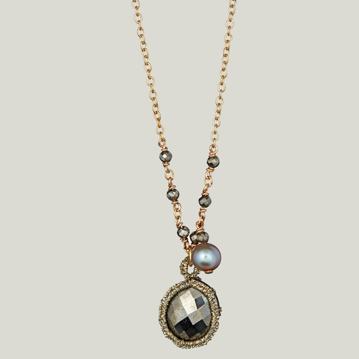 Caged Pyrite and Taupe Pearl Necklace