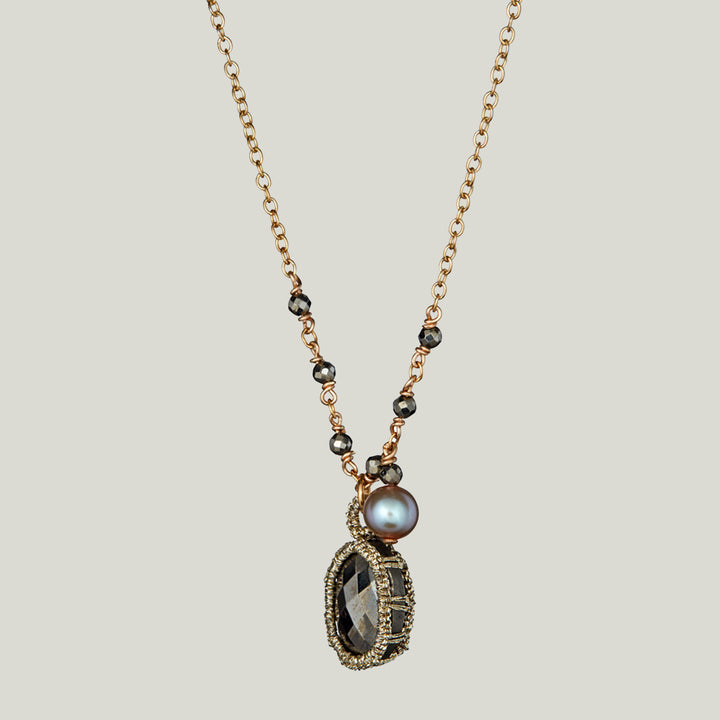 Caged Pyrite and Taupe Pearl Necklace