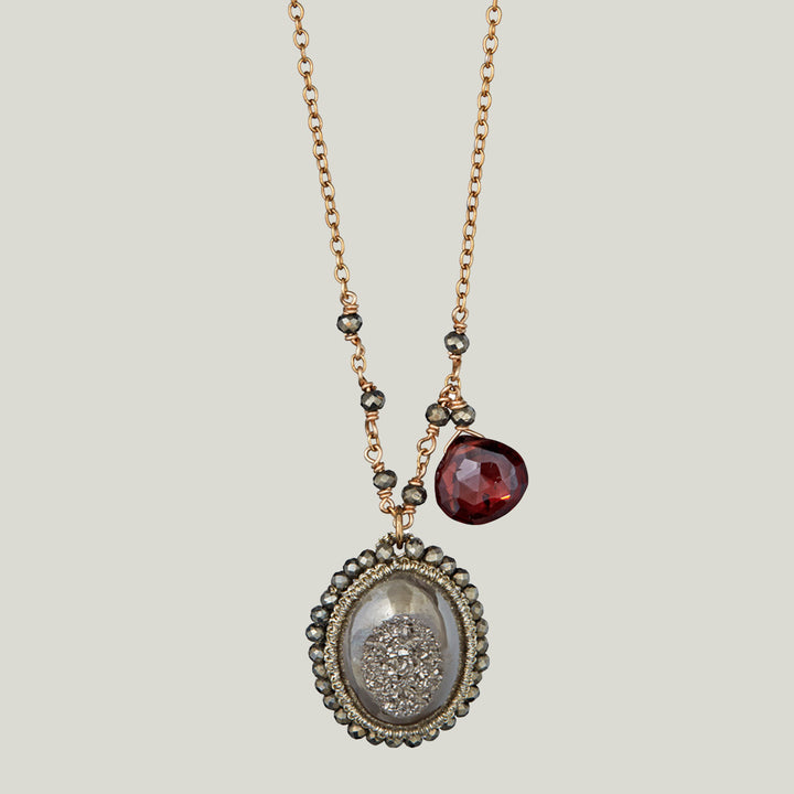 Caged Pyriteand Garnet Drop on Gold Chain Necklace