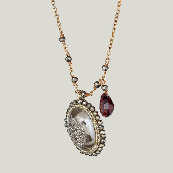 Caged Pyriteand Garnet Drop on Gold Chain Necklace