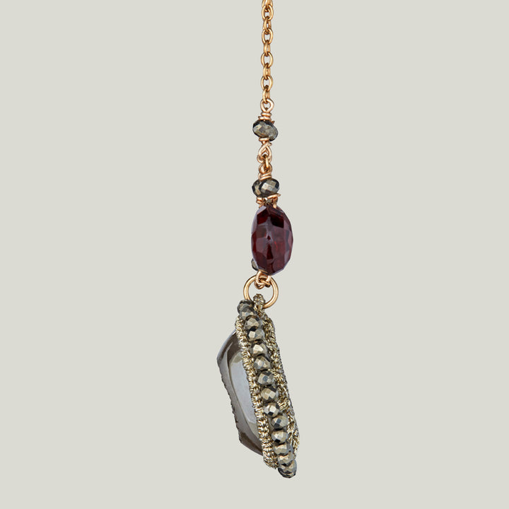 Caged Pyriteand Garnet Drop on Gold Chain Necklace