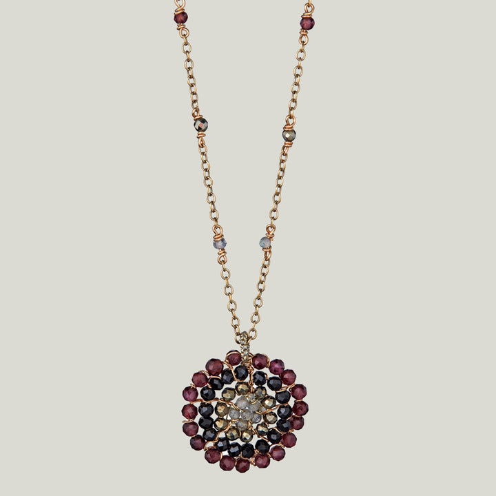 Woven Gold Metallic Hessonite, Black Spinel, Pyrite and Brown Zircon Necklace