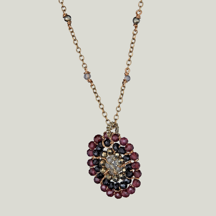 Woven Gold Metallic Hessonite, Black Spinel, Pyrite and Brown Zircon Necklace