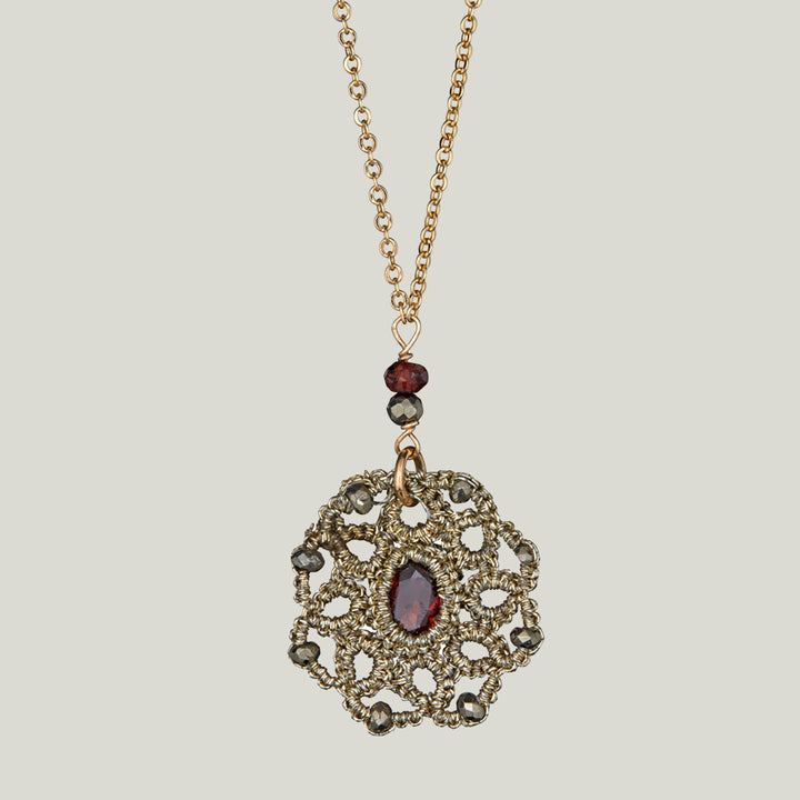 Caged Garnet and Pyrite on Gold Chain Necklace