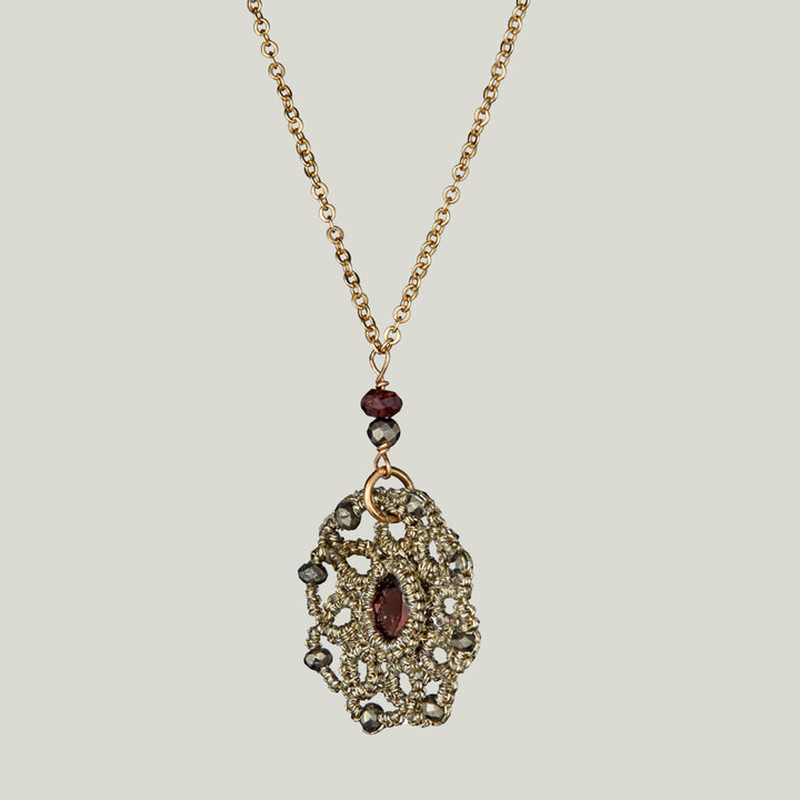 Caged Garnet and Pyrite on Gold Chain Necklace