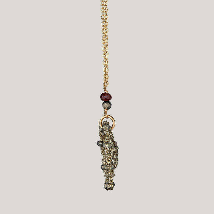 Caged Garnet and Pyrite on Gold Chain Necklace