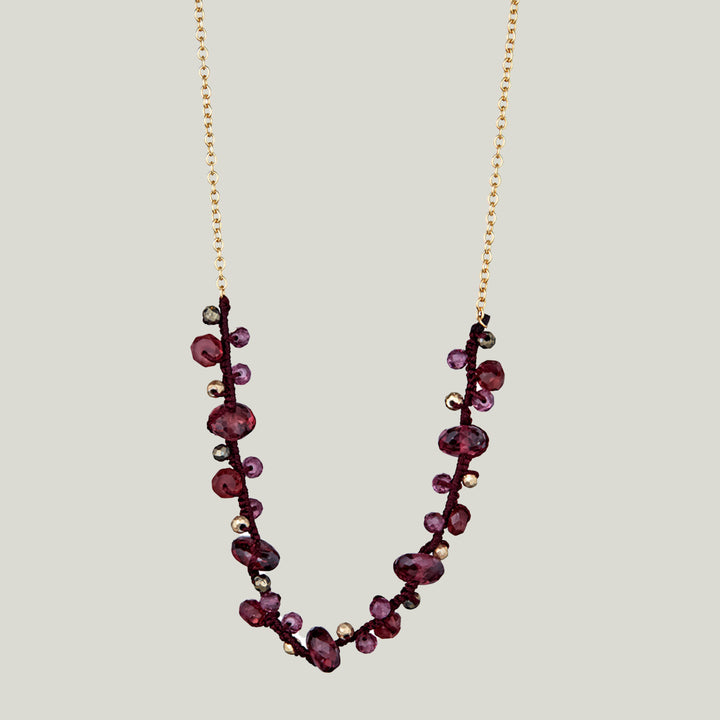 Woven Wine Silk Cord with Garnet, Pyrite and Gold Pyrite Necklace