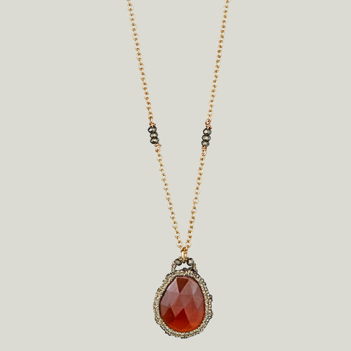 Caged Garnet Quartz and Pyrite Gold Chain Necklace