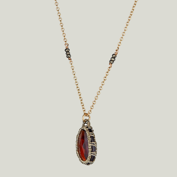 Caged Garnet Quartz and Pyrite Gold Chain Necklace