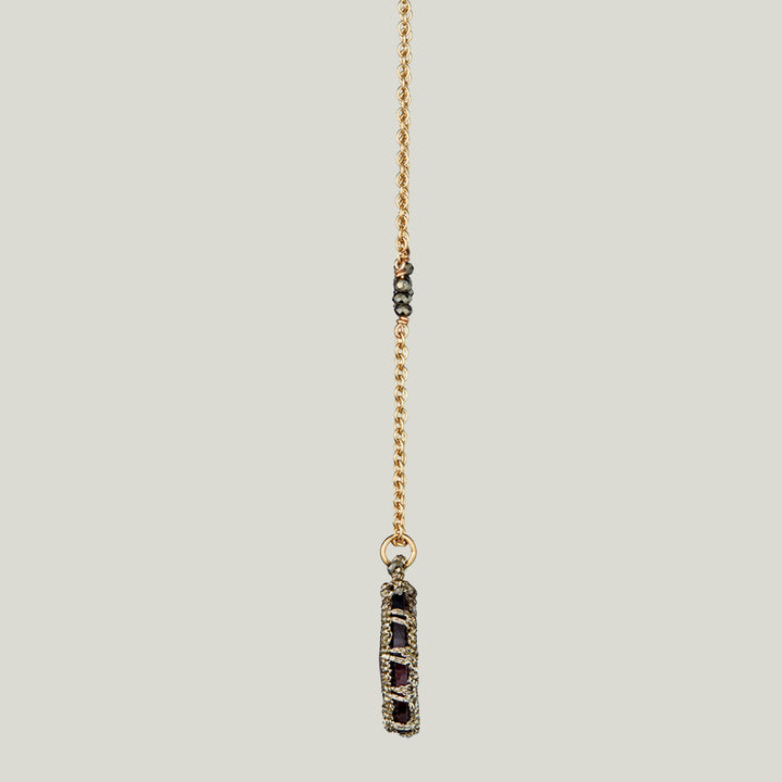 Caged Garnet Quartz and Pyrite Gold Chain Necklace