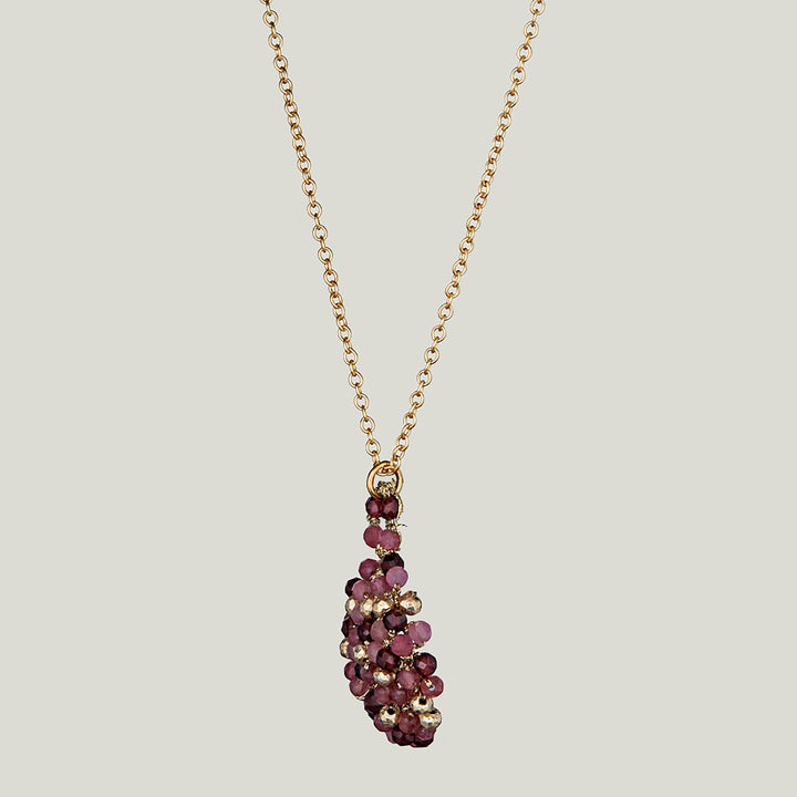 Woven Gold Cord Cluster with Gold Pyrite, Garnet and Pink Tourmaline on Gold Chain Necklace