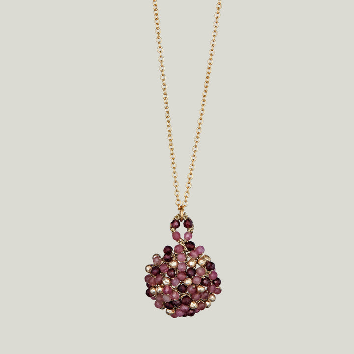 Woven Gold Cord Cluster with Gold Pyrite, Garnet and Pink Tourmaline on Gold Chain Necklace