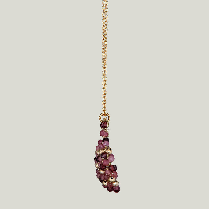 Woven Gold Cord Cluster with Gold Pyrite, Garnet and Pink Tourmaline on Gold Chain Necklace