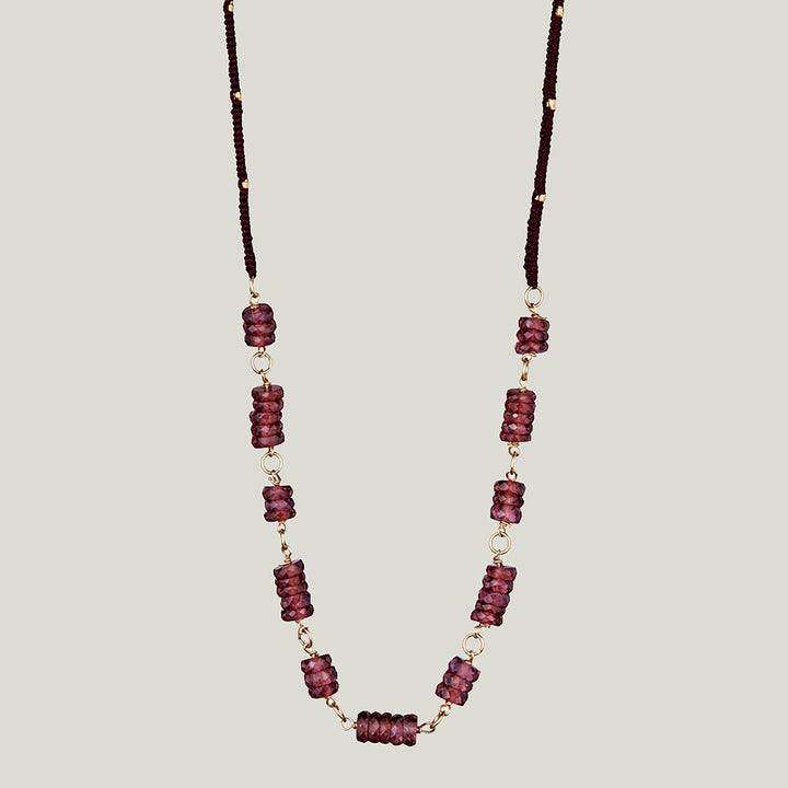 Woven Wine Silk Cord Garnet Disc Necklace