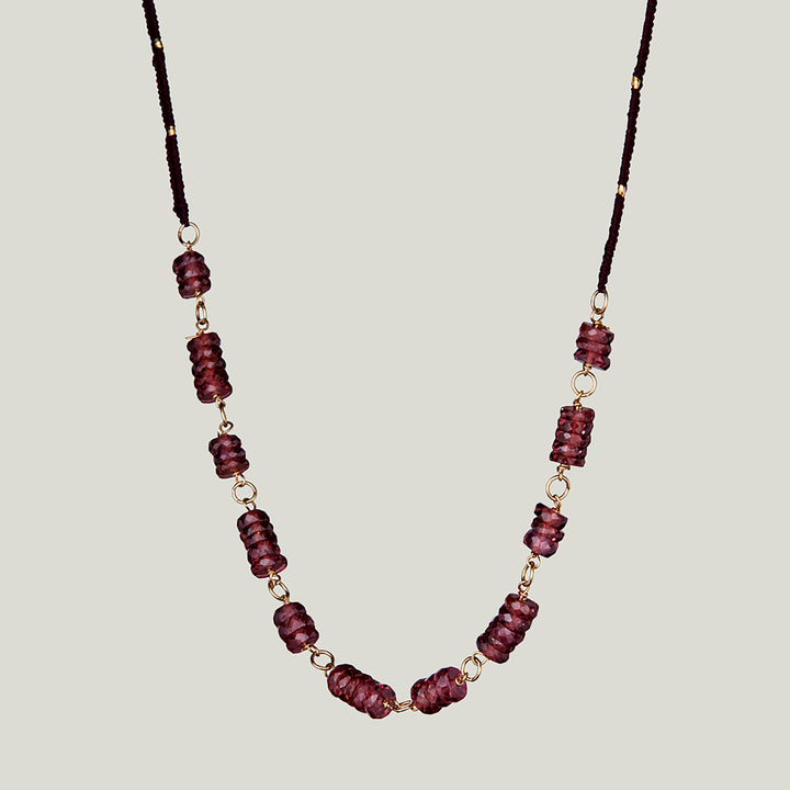 Woven Wine Silk Cord Garnet Disc Necklace