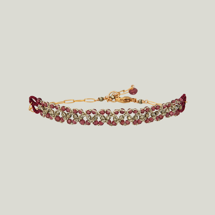 Woven Gold and Wine Cord with Garnet and Pyrite Beads Bracelet