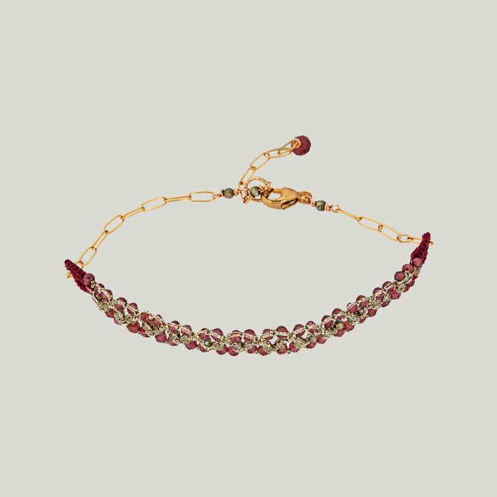 Woven Gold and Wine Cord with Garnet and Pyrite Beads Bracelet