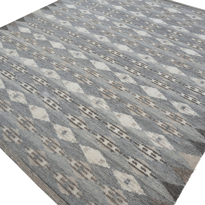 Blue Grey Swedish Inspired Dhurrie Wool Rug - 8' x 10'
