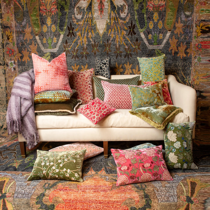 Silk Velvet Button Fringe Pillow