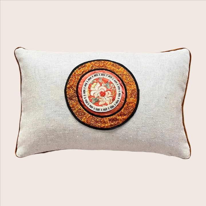 Vintage Silk Embroidery Lumbar Pillow, Chrysanthemum Ember