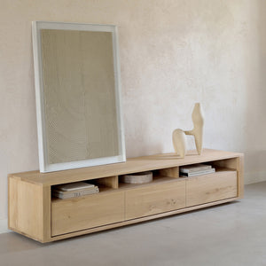 Modern wooden TV stand with minimalist design and concealed storage. - hover