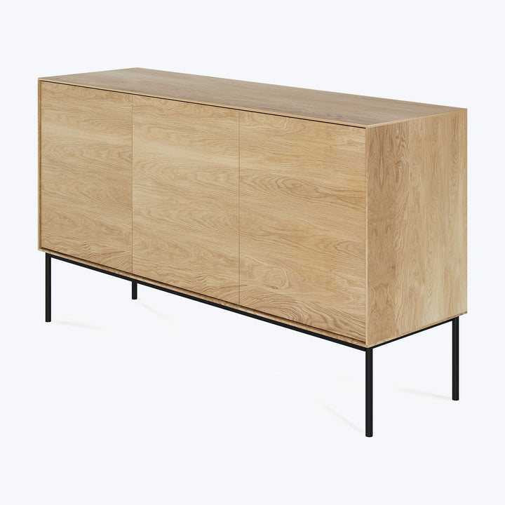 Modern wooden sideboard with minimalist design, light finish, black metal legs.