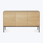 Modern wooden sideboard with sleek design, flush doors, black legs.