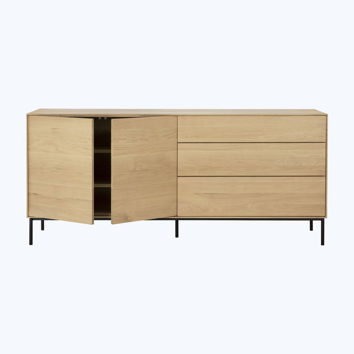 Modern light wood sideboard with sleek design and black metal legs.