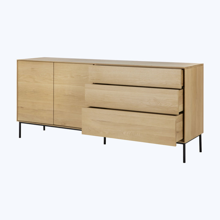 Sleek oak sideboard with minimalist design, push-to-open feature, black legs.