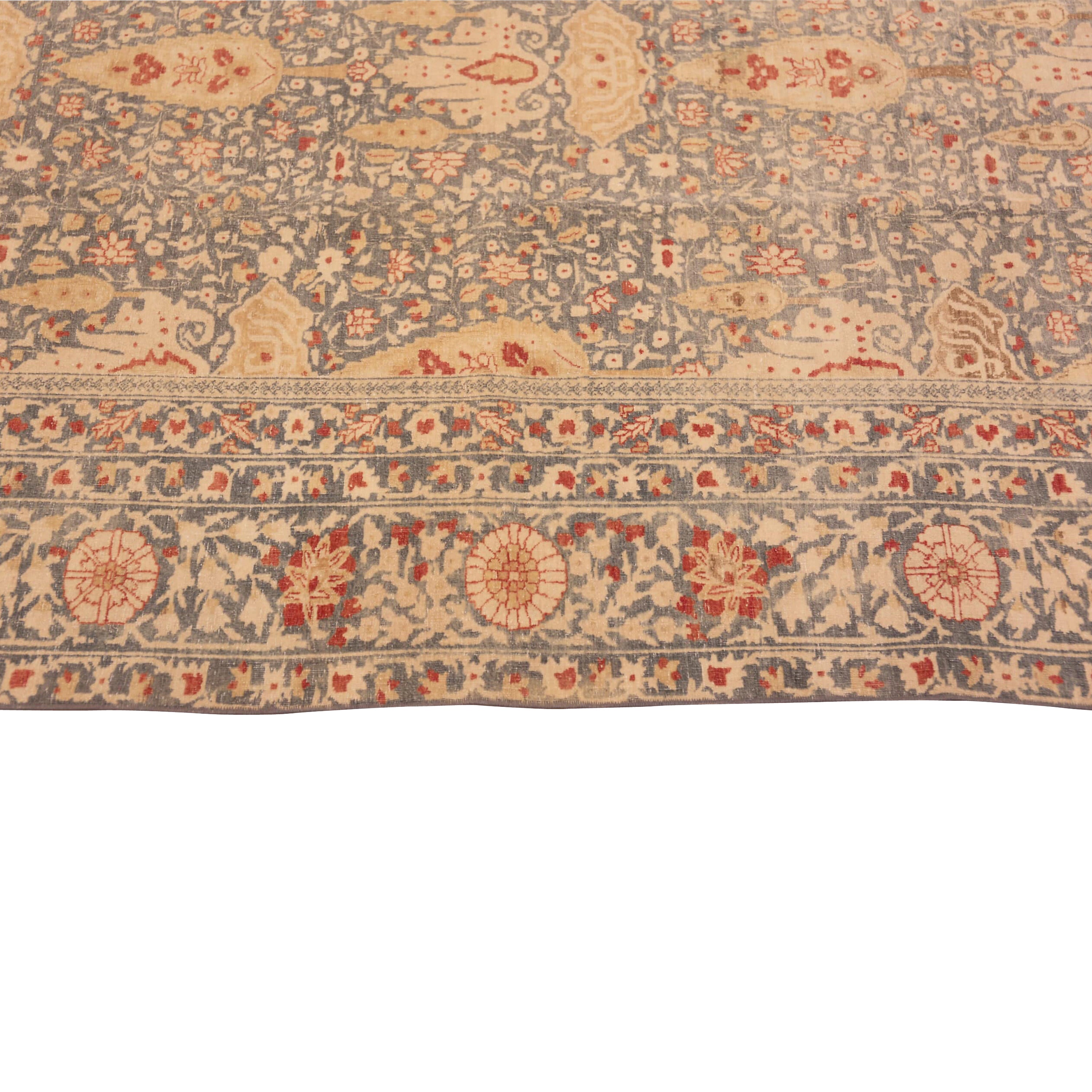 Blue & Red Antique Persian Tabriz Wool Rug - 7'8" x 10'1"